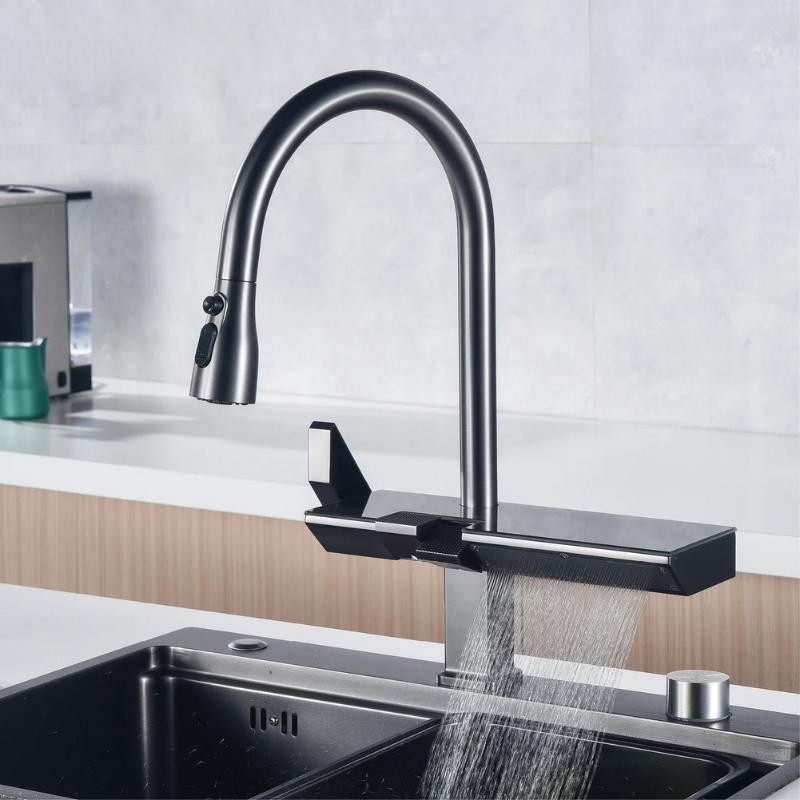 Ravelle Digital Kitchen Faucet in Black and Rose Gold OpalDwell