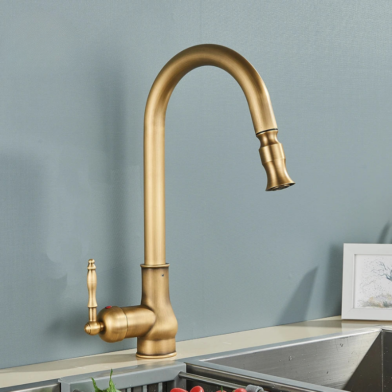 Norelle Antique Brass Swivel Kitchen Faucet With Black OpalDwell
