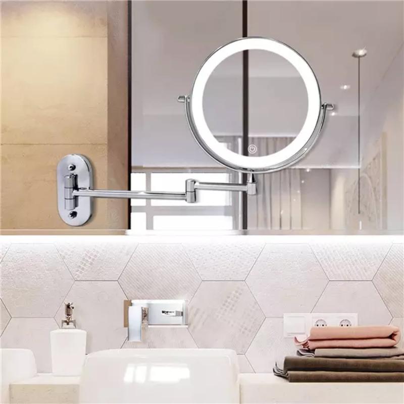 AstraLume Chrome Silver LED Magnifying Vanity Mirror With Wall Mount Fold Out Arm OpalDwell