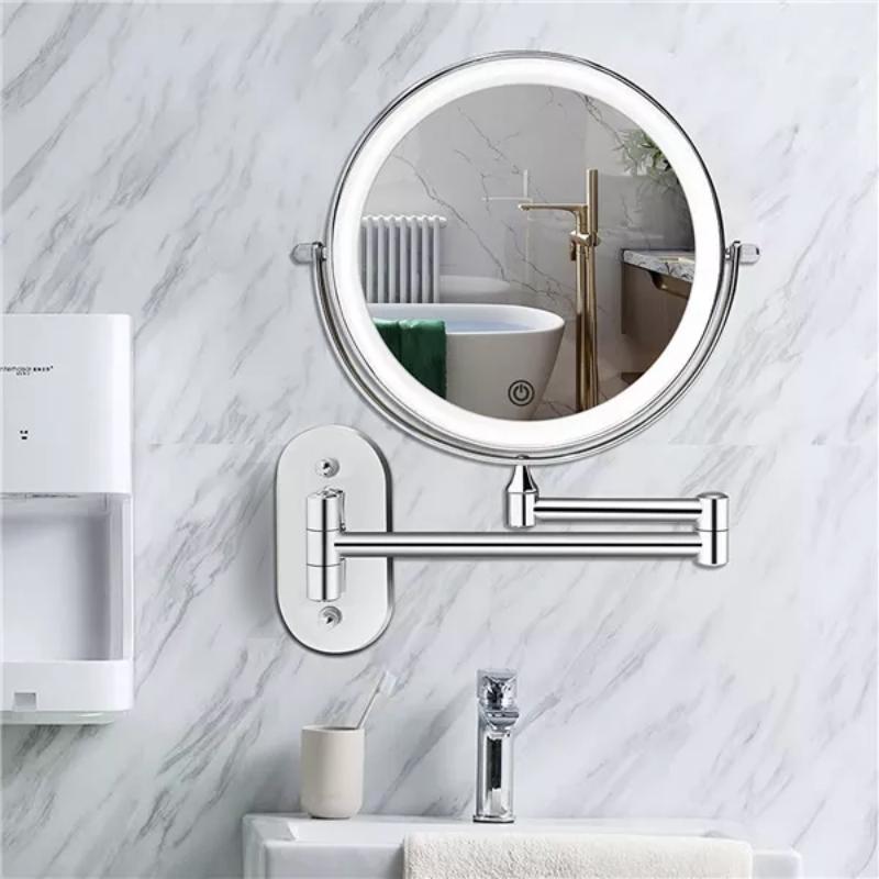 AstraLume Chrome Silver LED Magnifying Vanity Mirror With Wall Mount Fold Out Arm OpalDwell