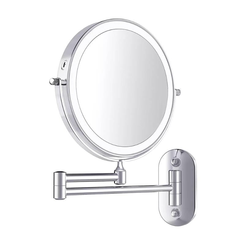 AstraLume Chrome Silver LED Magnifying Vanity Mirror With Wall Mount Fold Out Arm OpalDwell