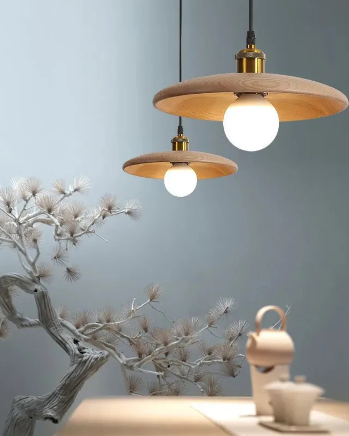 LumaNova Japandi Pendant Light With Slim Wood Shade - OpalDwell