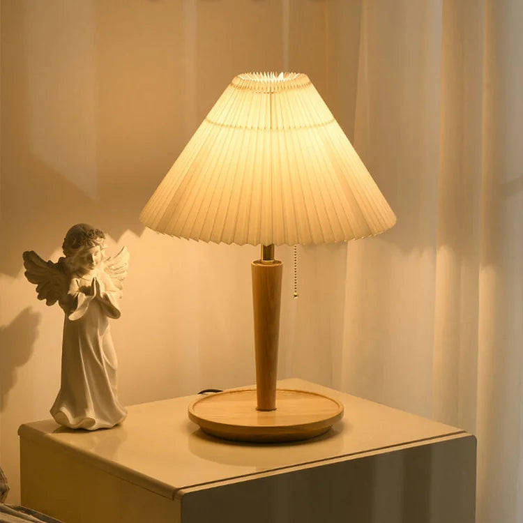CedarGlow Retro Wood Table Lamp with Pleated Design - OpalDwell