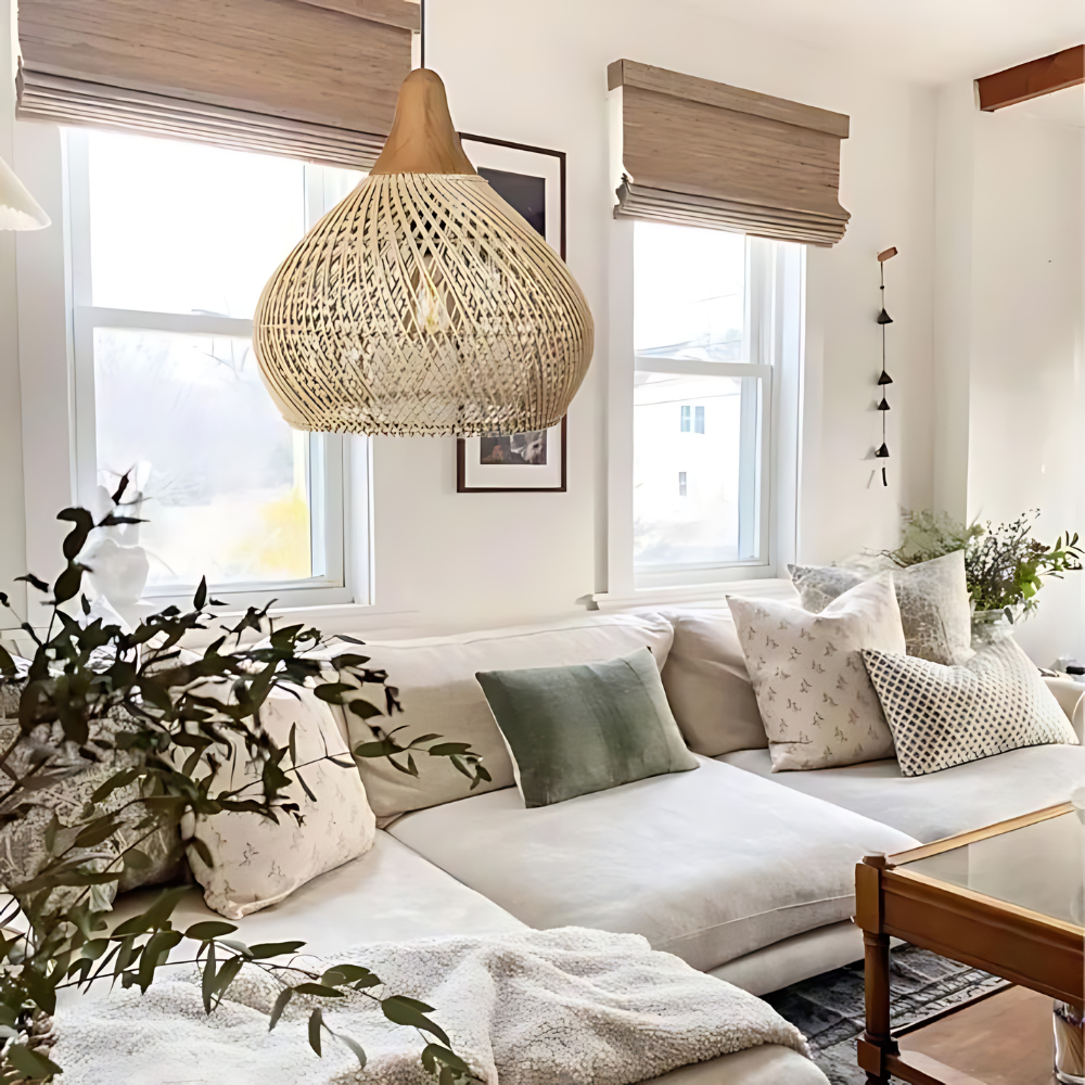 Kevara Rattan Ceiling Lamp Handwoven Boho Pendant Light With Natural Shade - OpalDwell