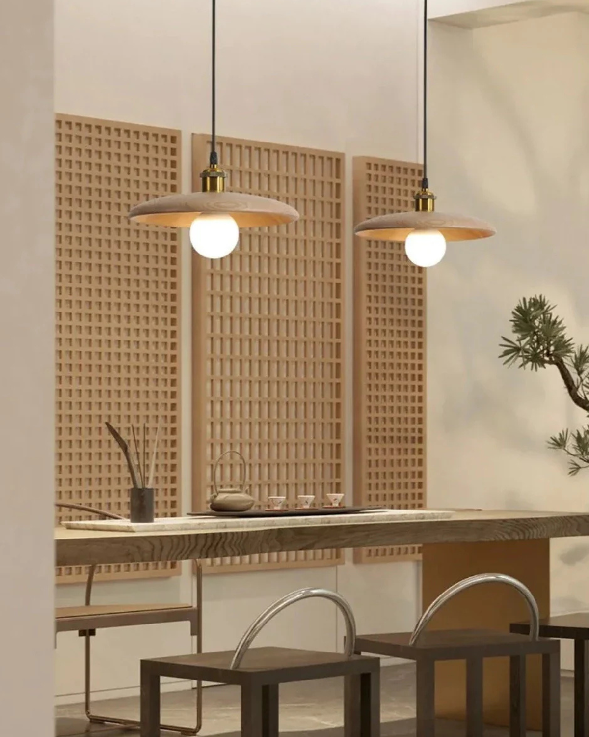 LumaNova Japandi Pendant Light With Slim Wood Shade - OpalDwell