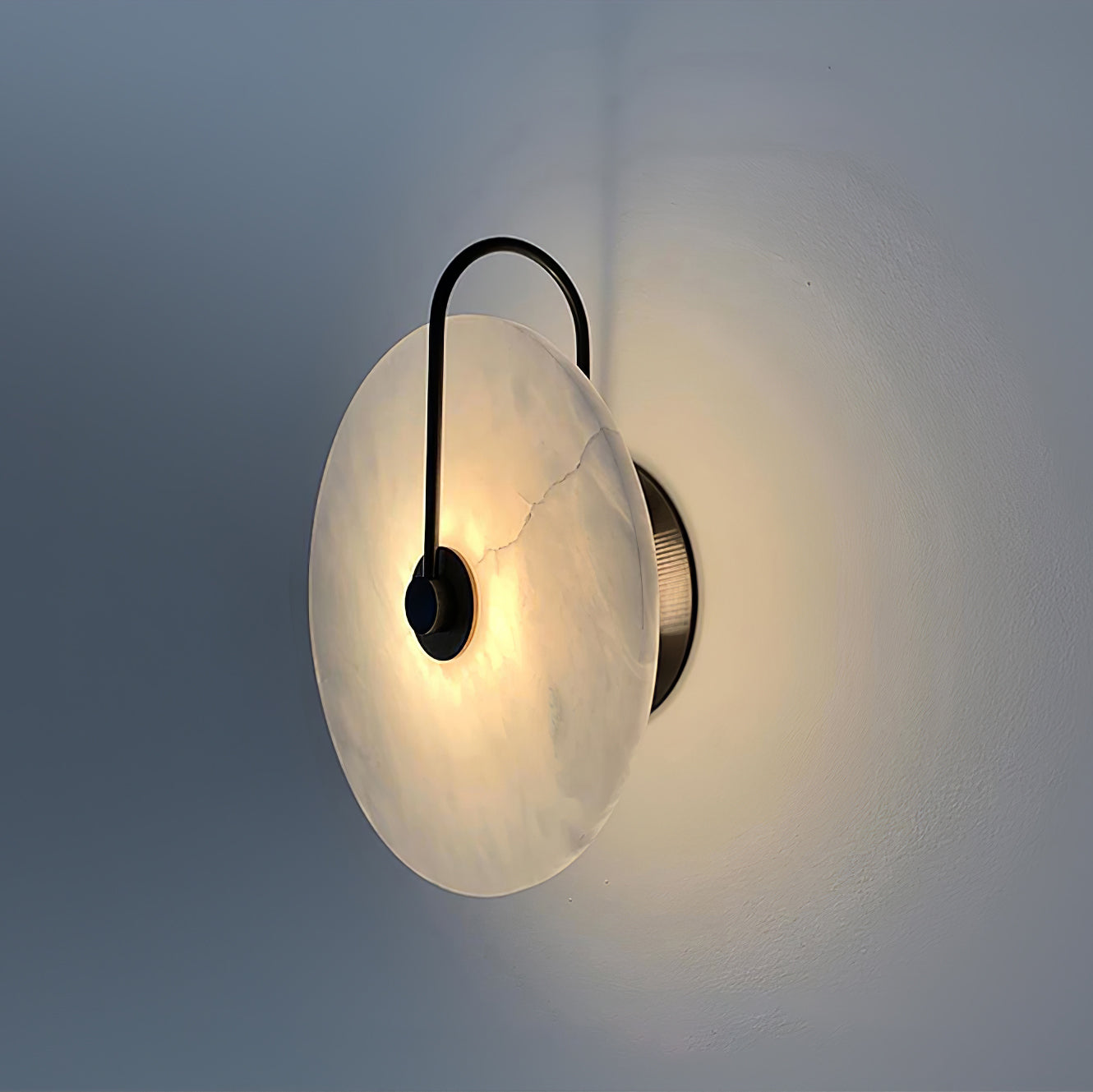 CelesteLume Alabaster LED Disc Sconce with Black Arm - OpalDwell