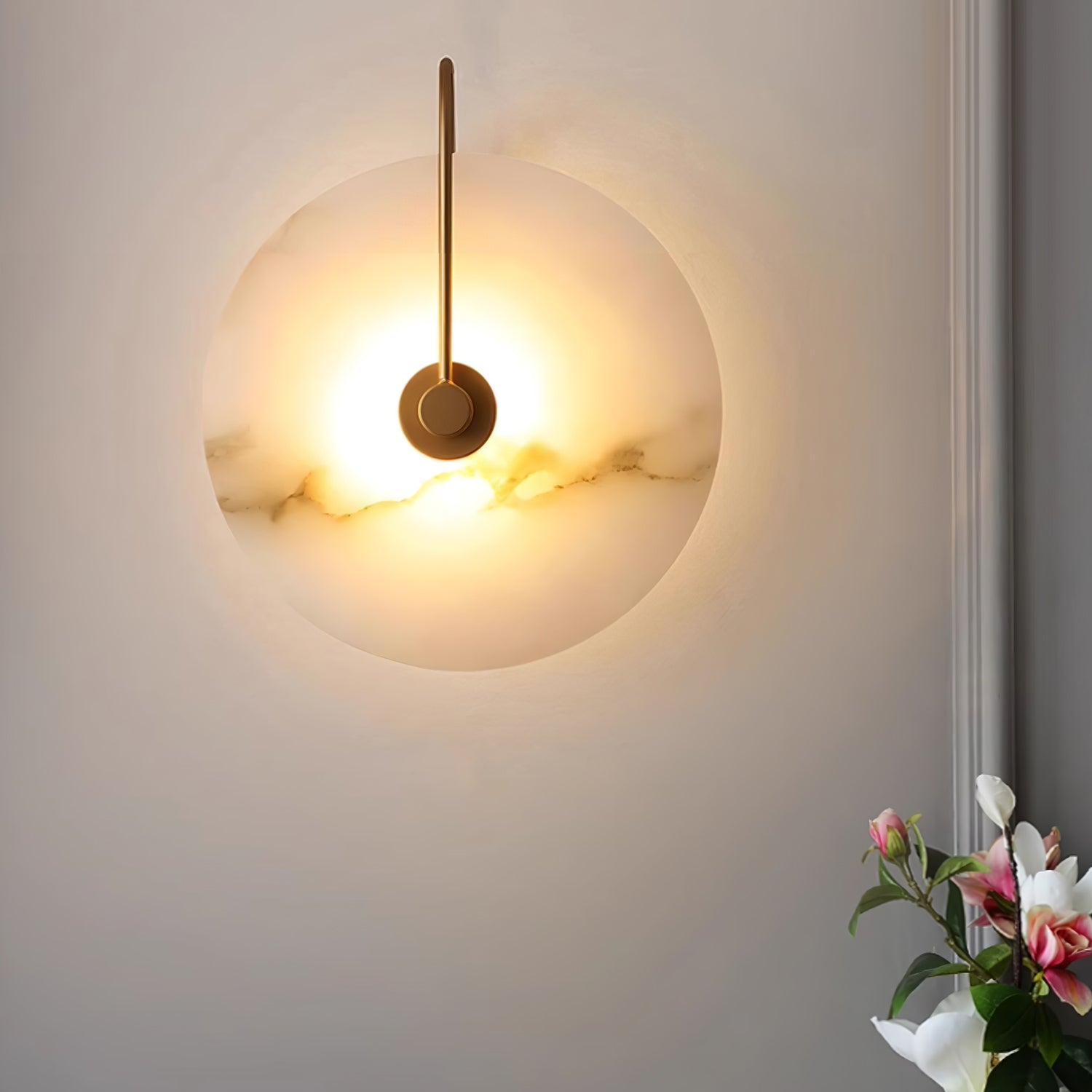 CelesteLume Alabaster LED Disc Sconce with Black Arm - OpalDwell