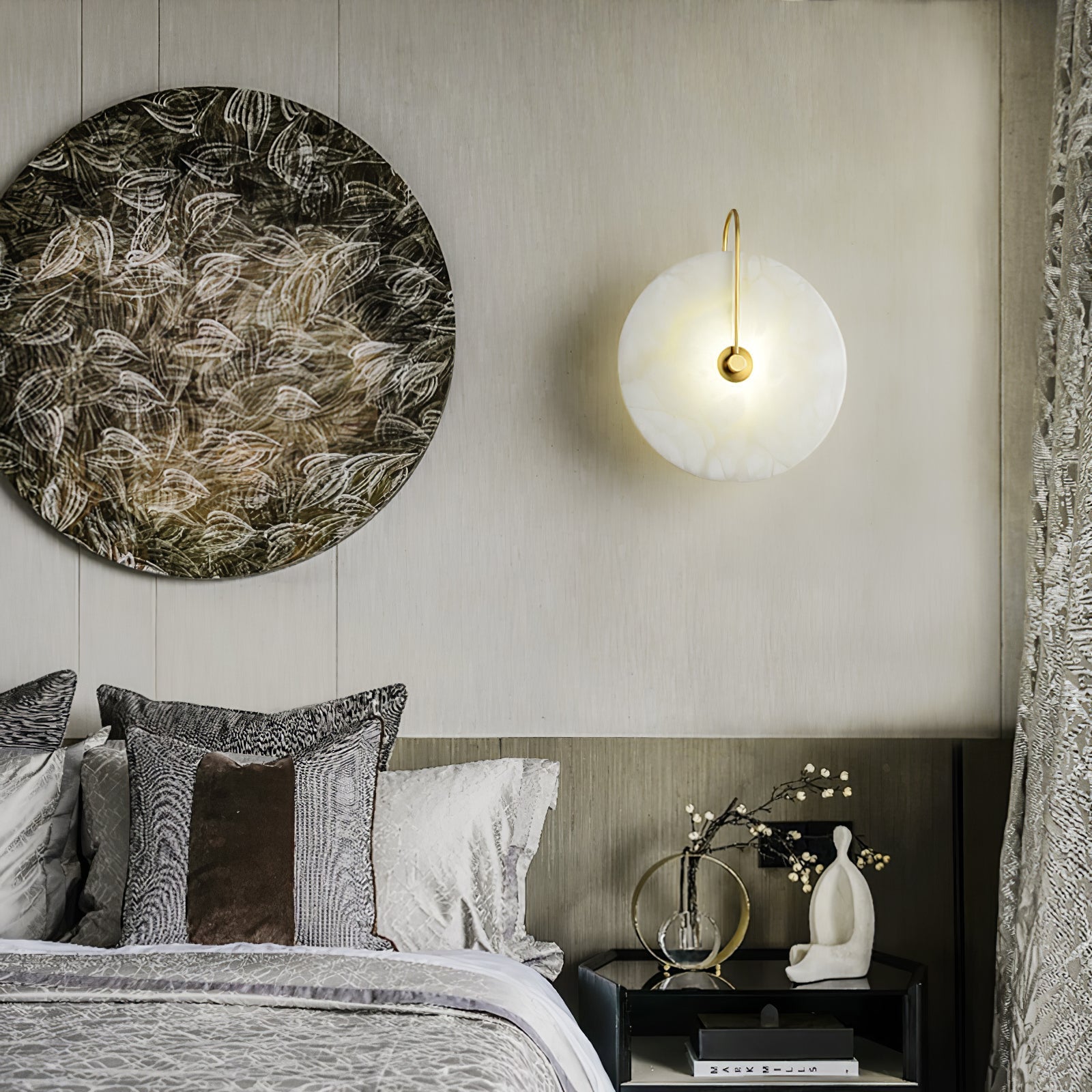 CelesteLume Alabaster LED Disc Sconce with Black Arm - OpalDwell