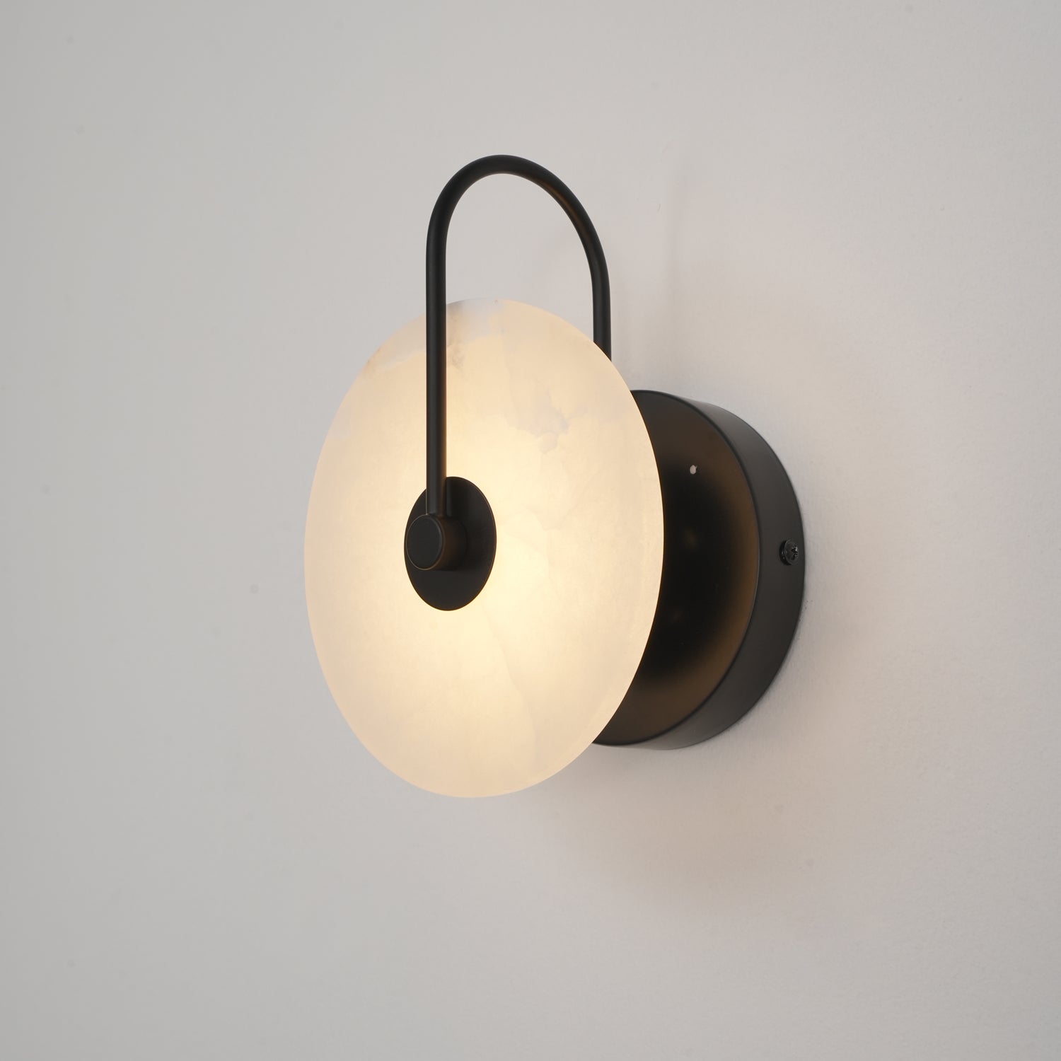 CelesteLume Alabaster LED Disc Sconce with Black Arm - OpalDwell