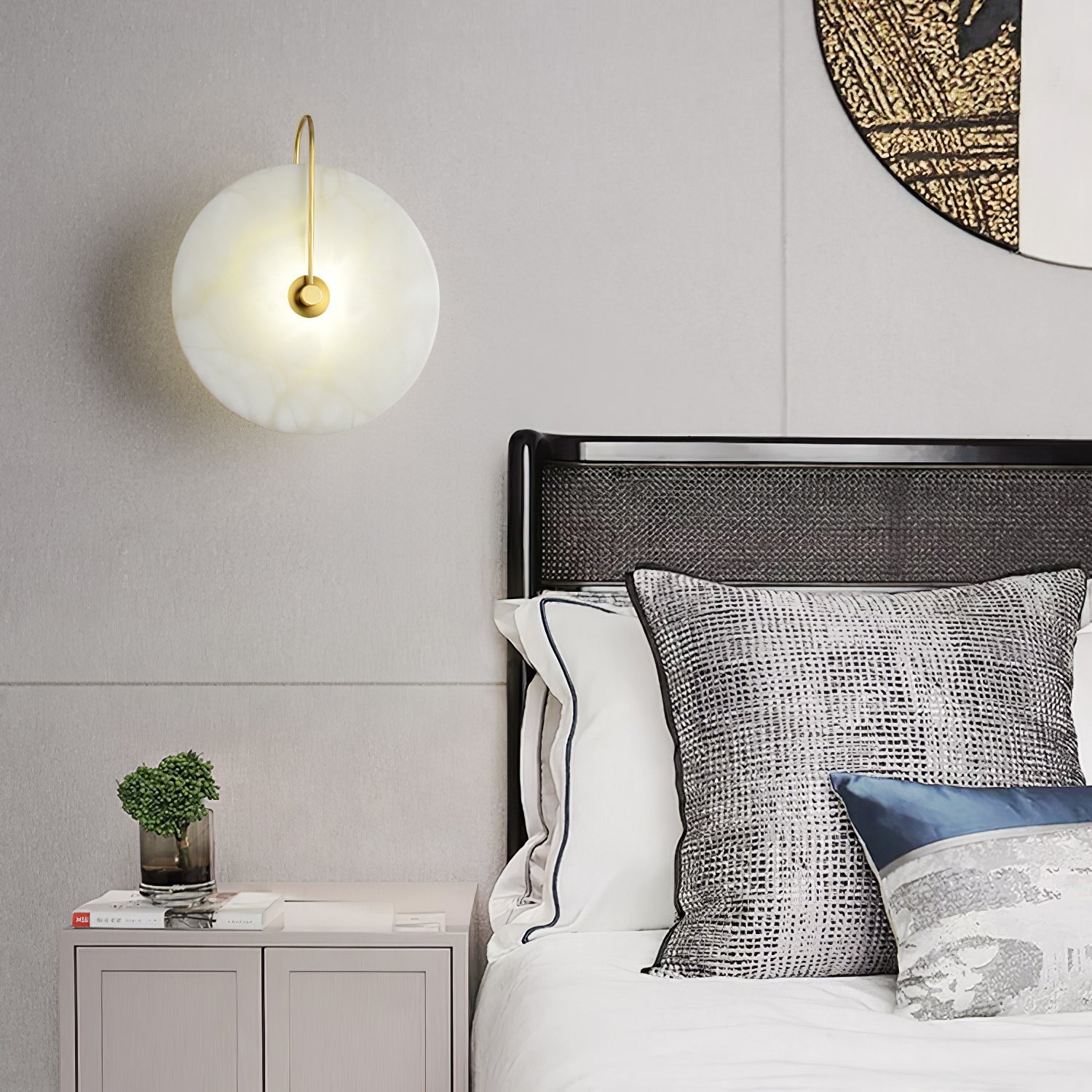 CelesteLume Alabaster LED Disc Sconce with Black Arm - OpalDwell
