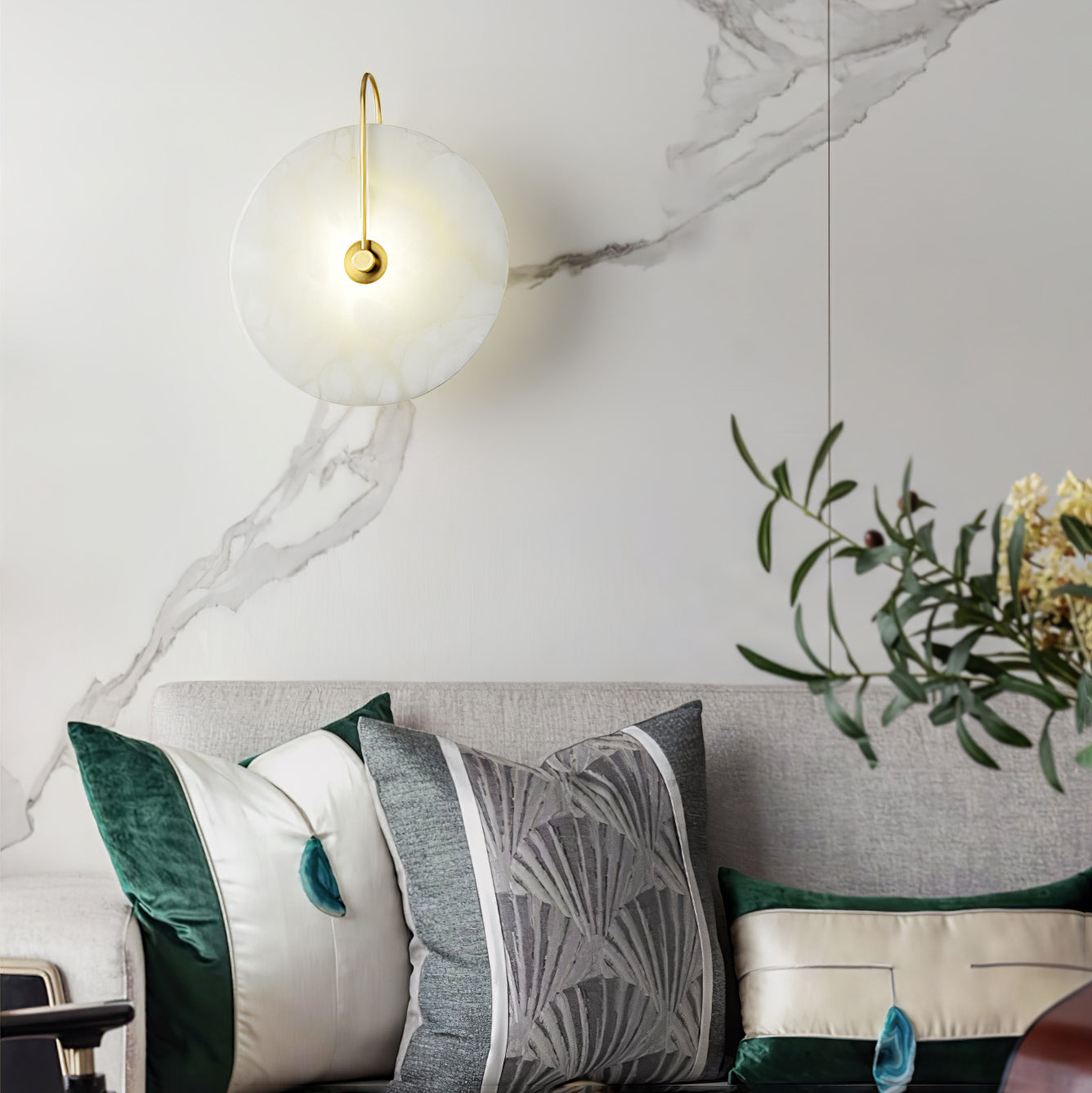 CelesteLume Alabaster LED Disc Sconce with Black Arm - OpalDwell