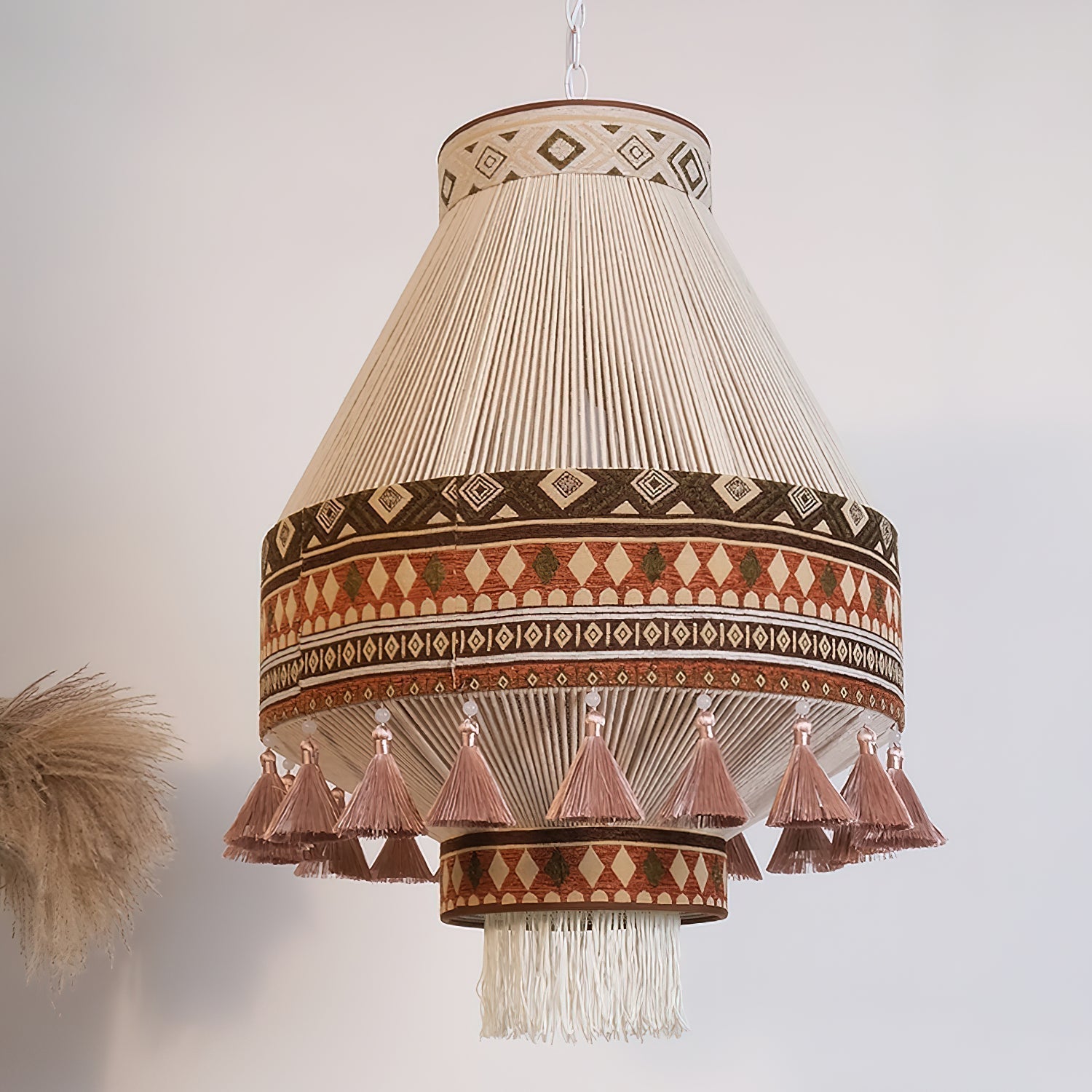 Astraea Boho Fringe Pendant Lamp with Geometric Weave - OpalDwell