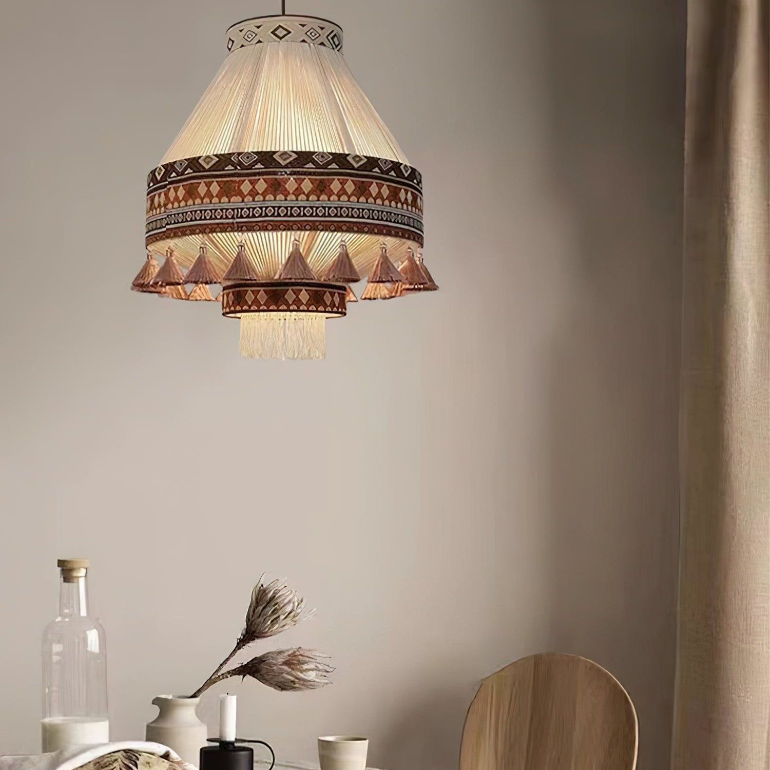 Astraea Boho Fringe Pendant Lamp with Geometric Weave - OpalDwell