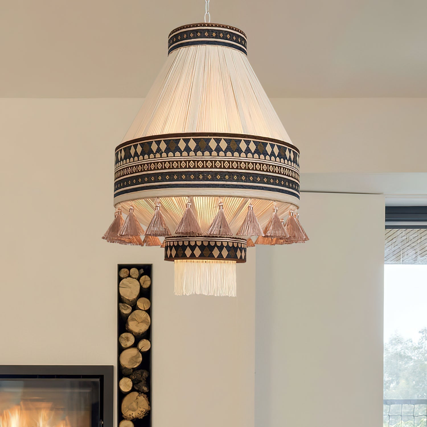 Astraea Boho Fringe Pendant Lamp with Geometric Weave - OpalDwell