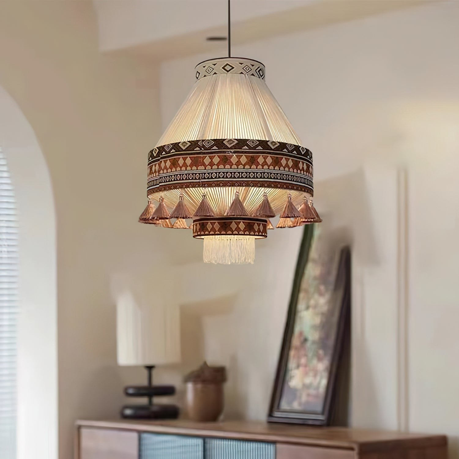 Astraea Boho Fringe Pendant Lamp with Geometric Weave - OpalDwell