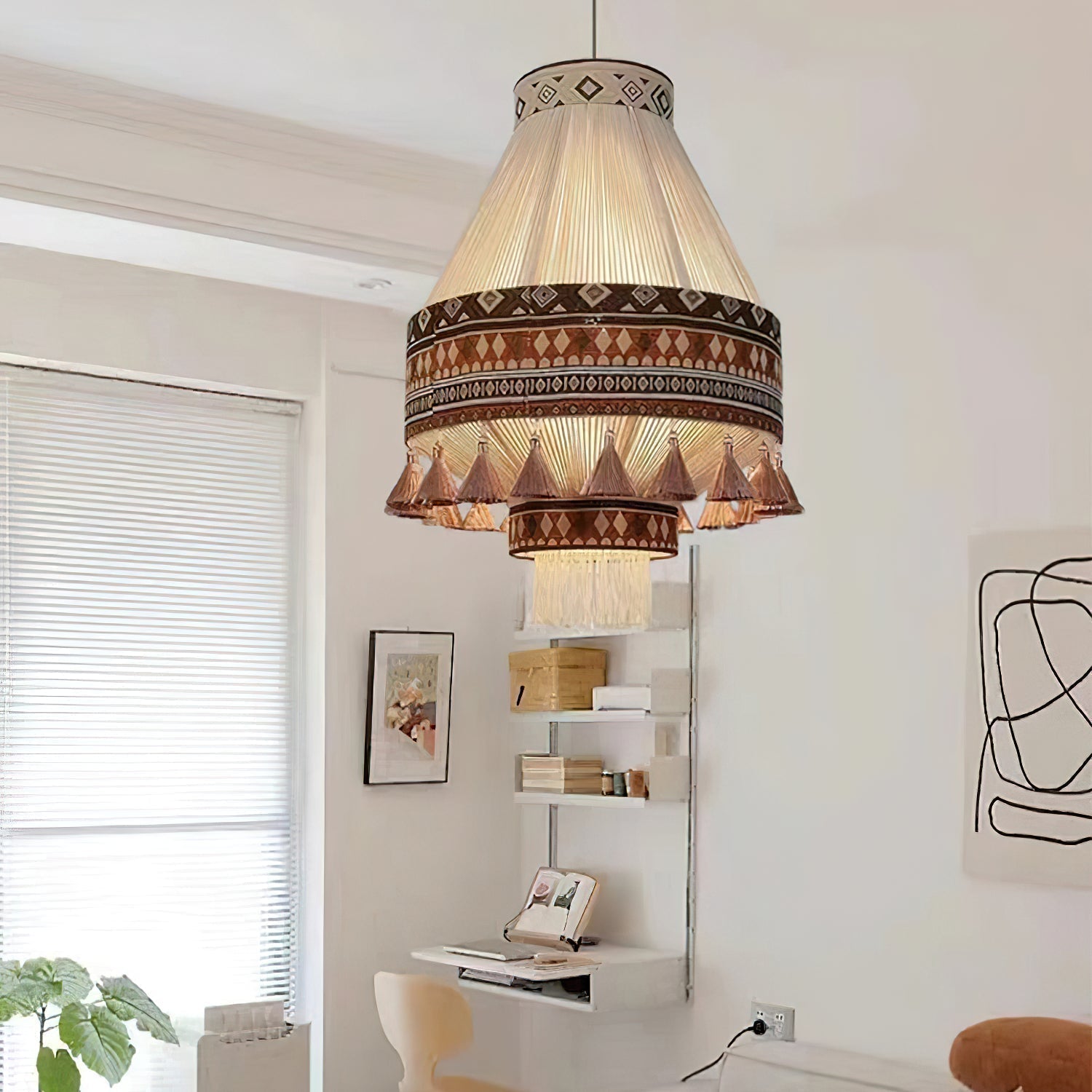 Astraea Boho Fringe Pendant Lamp with Geometric Weave - OpalDwell