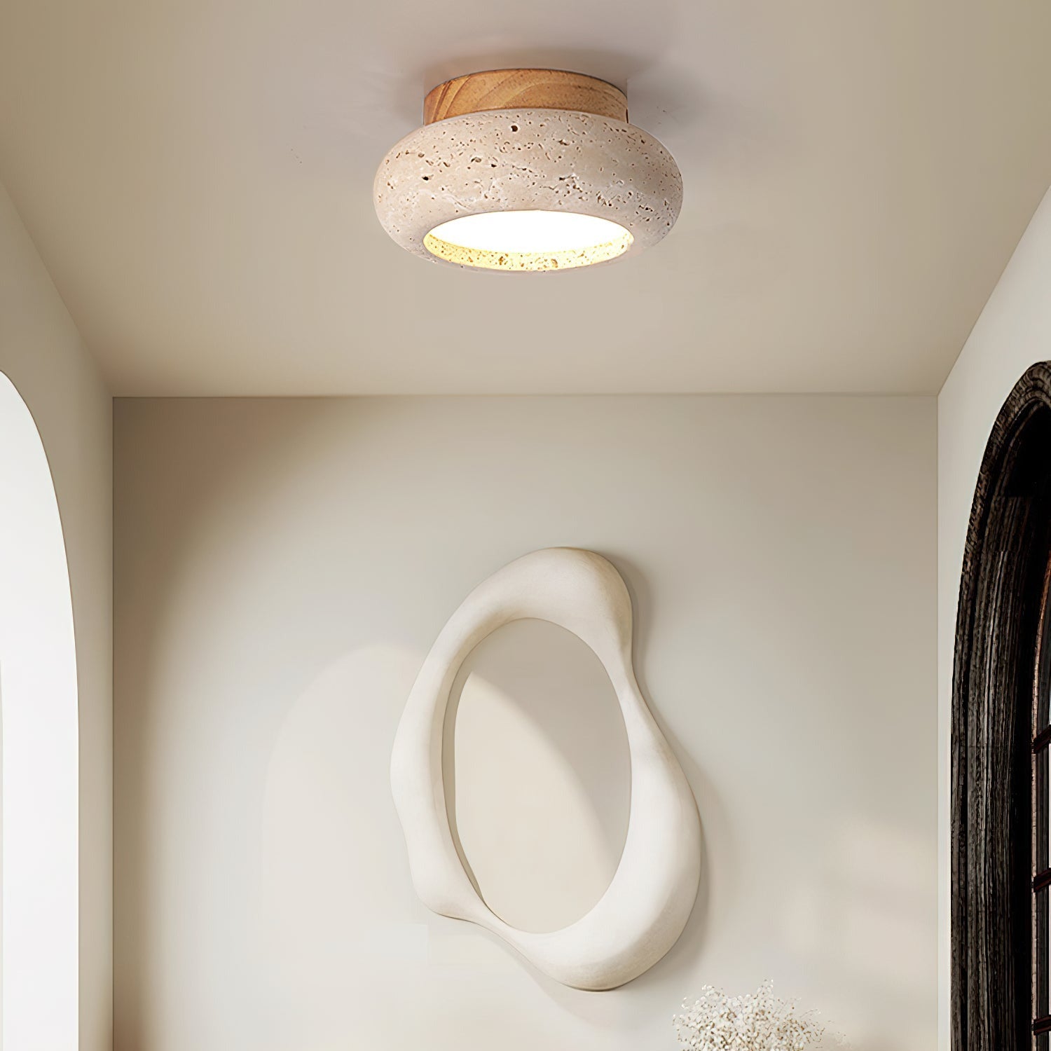 TerraLuxe Ring Ceiling Light Travertine Wood Mini Donut - OpalDwell