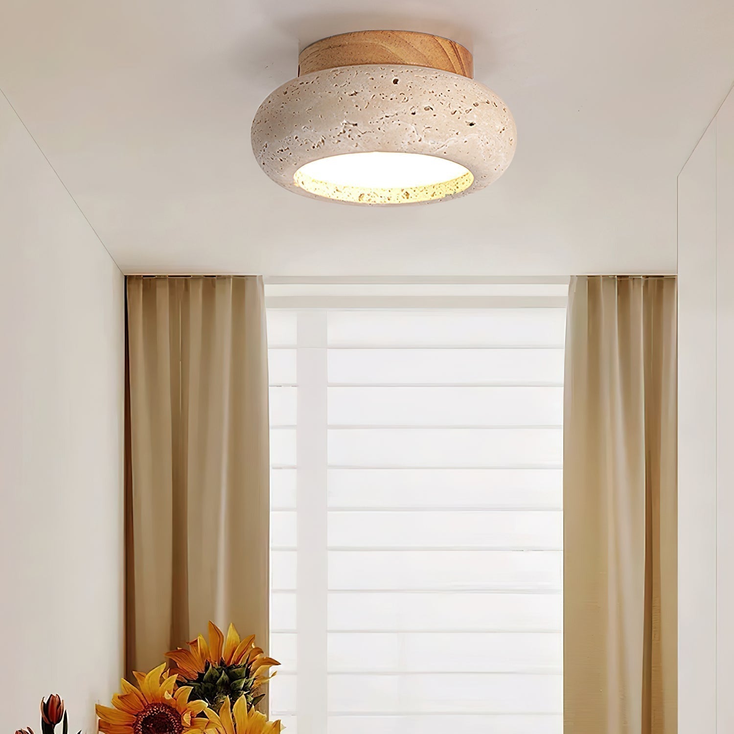 TerraLuxe Ring Ceiling Light Travertine Wood Mini Donut - OpalDwell