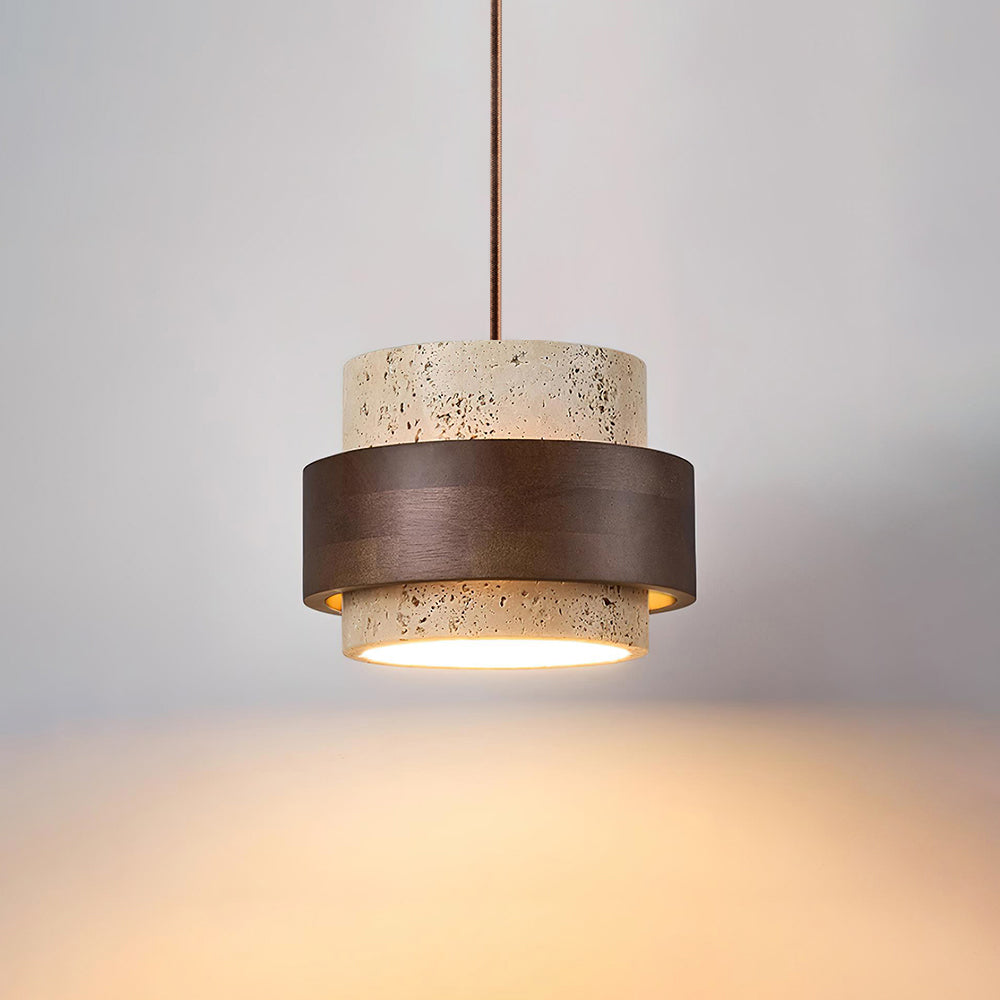 Aurelian Travertine Pendant Light with Walnut Wood Band OpalDwell
