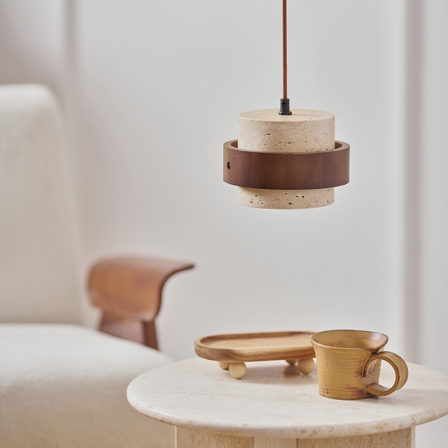 Aurelian Travertine Pendant Light with Walnut Wood Band OpalDwell