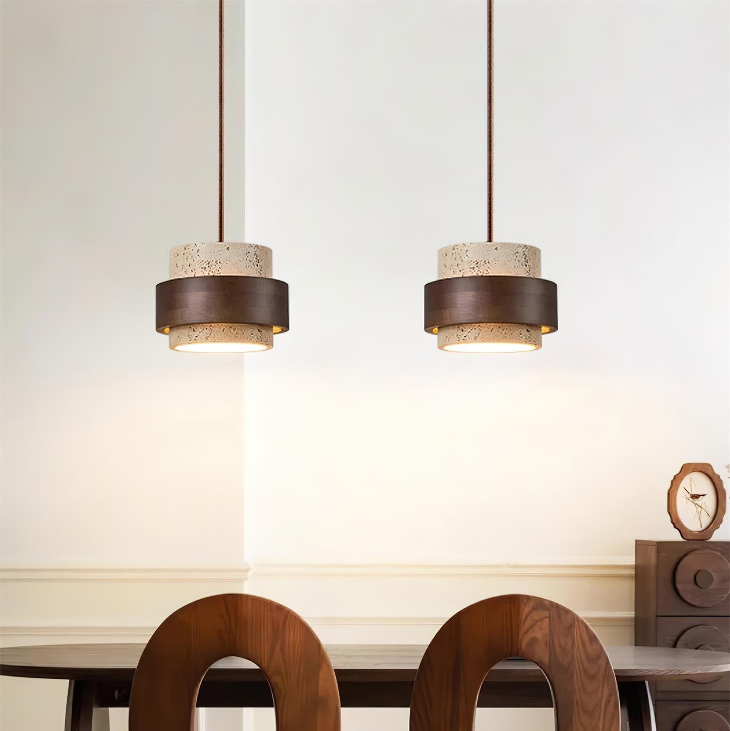 Aurelian Travertine Pendant Light with Walnut Wood Band OpalDwell