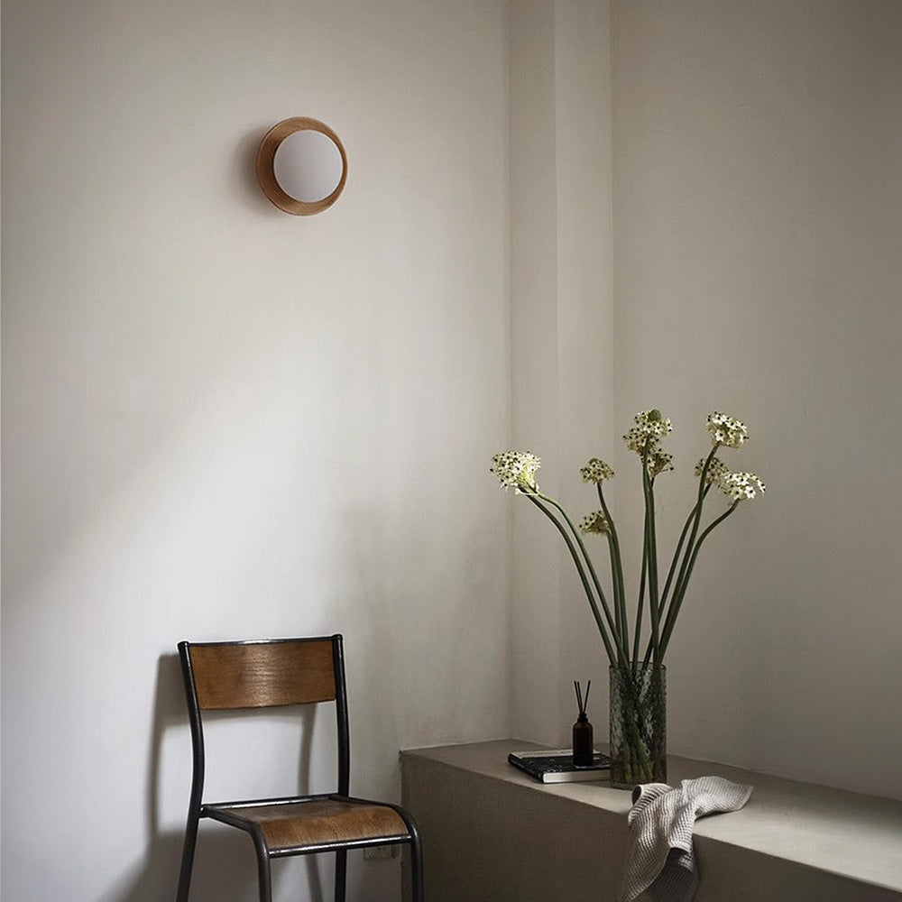 Aurelo White Wood Wall Light Sconce With Glass Accent - OpalDwell