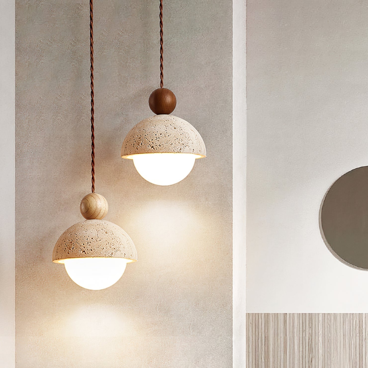 Lyra Travertine Dome Glass Pendant Light With Warm Wood - OpalDwell
