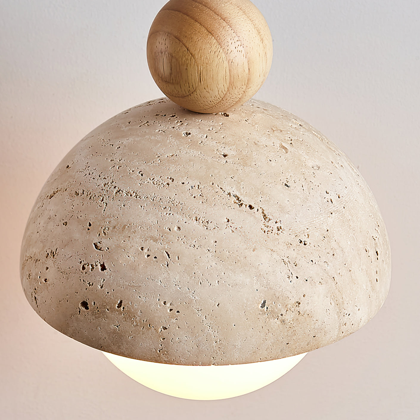 Lyra Travertine Dome Glass Pendant Light With Warm Wood - OpalDwell