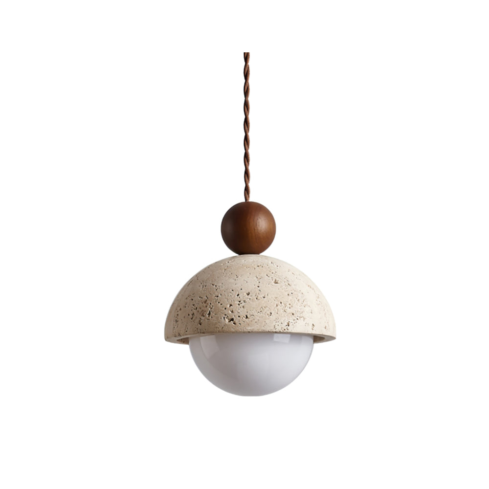 Lyra Travertine Dome Glass Pendant Light With Warm Wood - OpalDwell