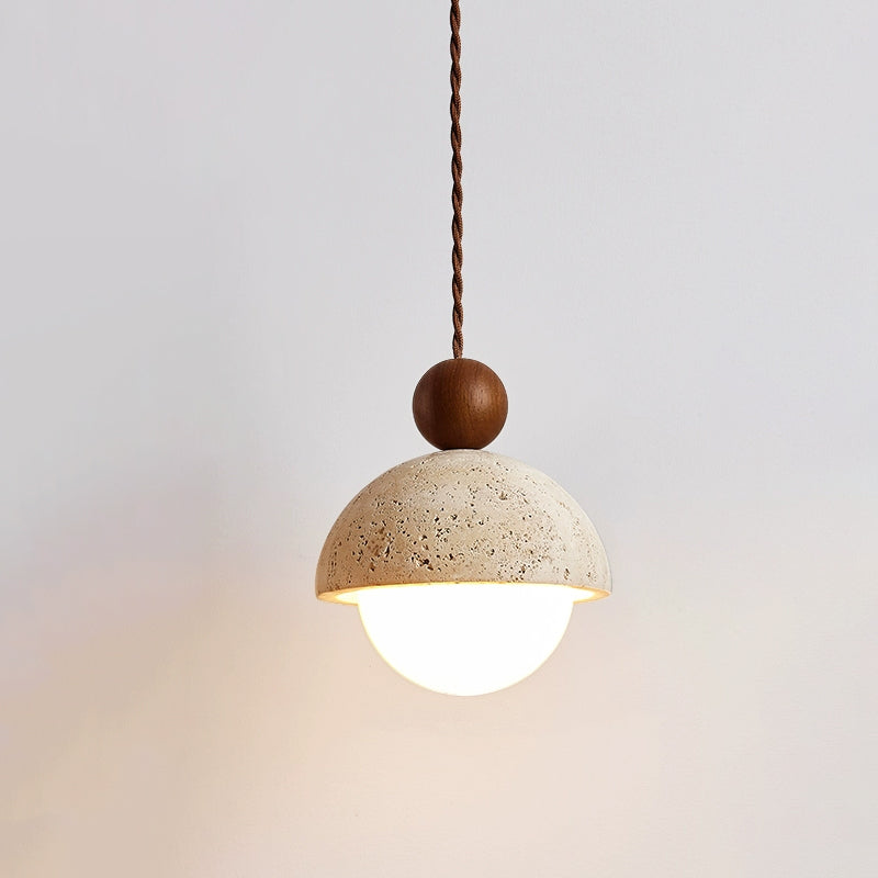 Lyra Travertine Dome Glass Pendant Light With Warm Wood - OpalDwell