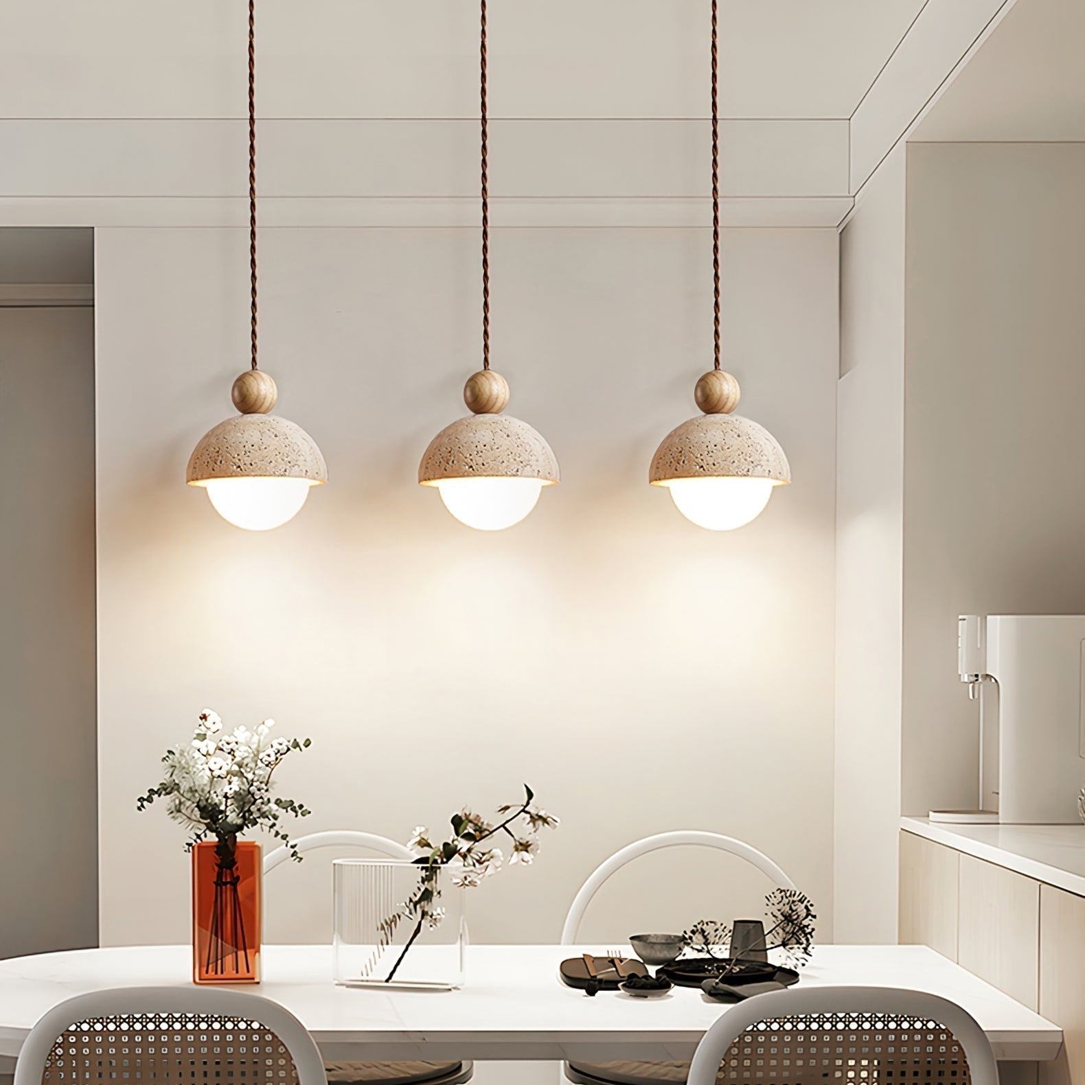 Lyra Travertine Dome Glass Pendant Light With Warm Wood - OpalDwell