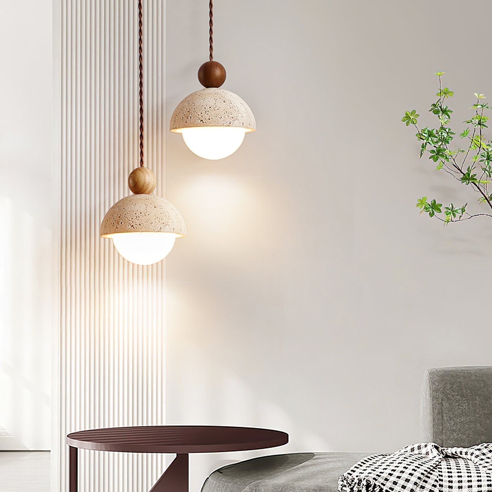 Lyra Travertine Dome Glass Pendant Light With Warm Wood - OpalDwell