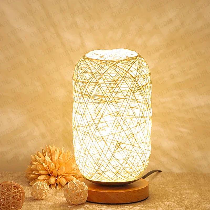 LioraRattan Table Lamp with Woven Rope Shade and Wood Base OpalDwell