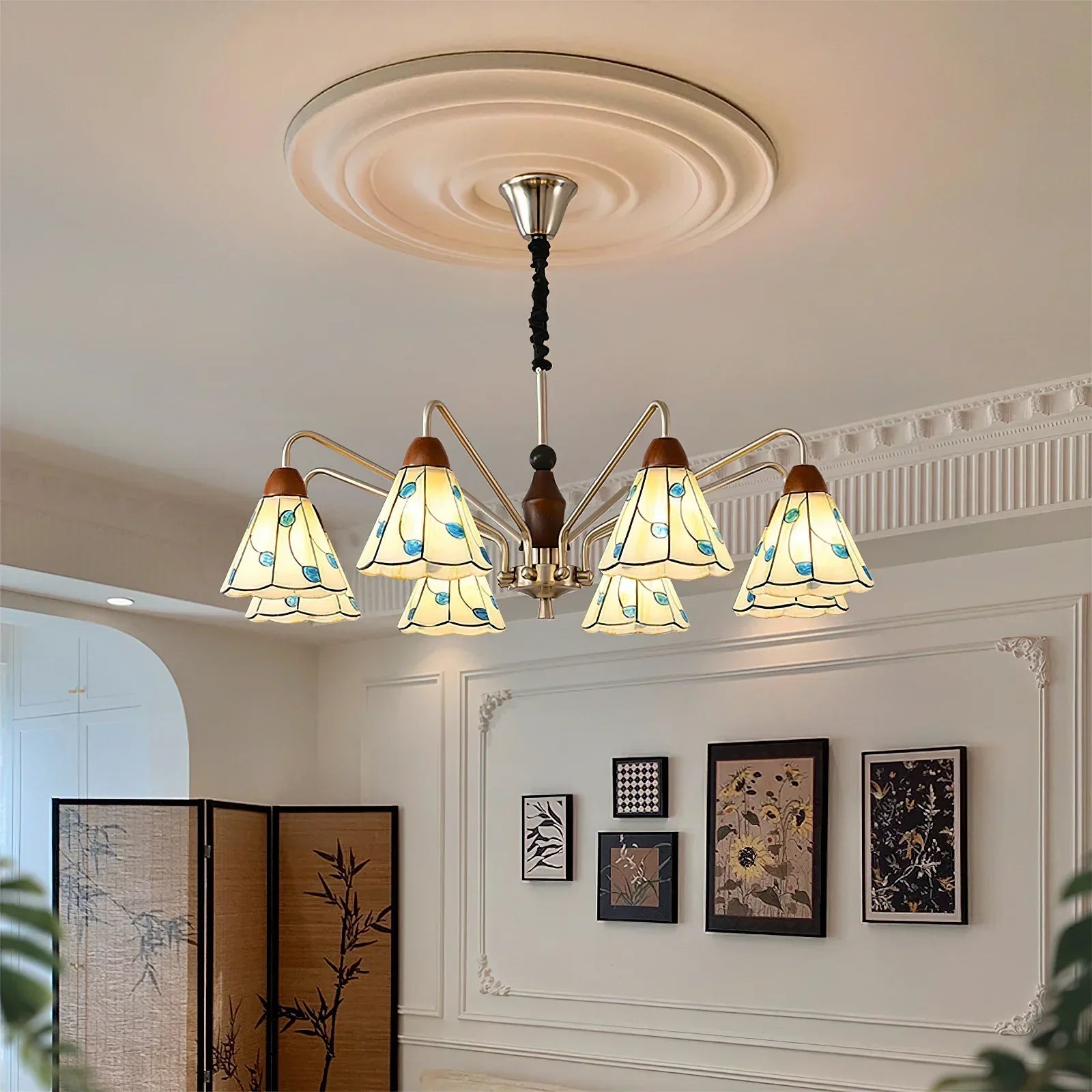 Classic Belmont Chandelier - Vintage Floral Stained Glass Light OpalDwell