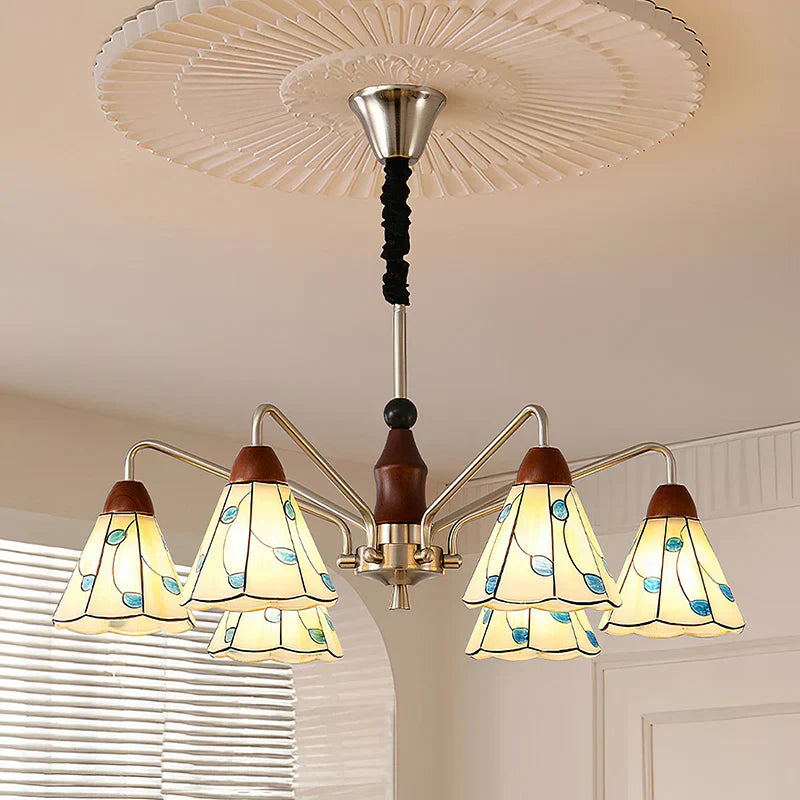 Classic Belmont Chandelier - Vintage Floral Stained Glass Light OpalDwell