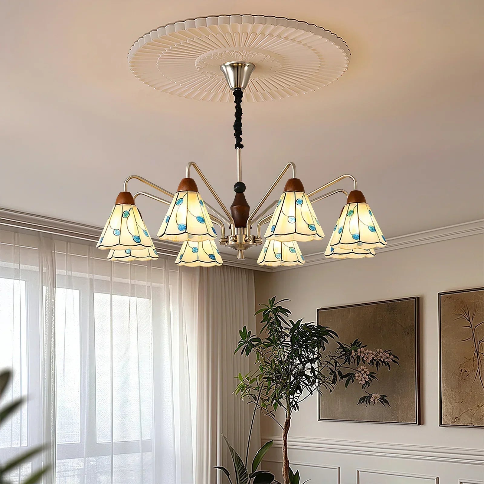 Classic Belmont Chandelier - Vintage Floral Stained Glass Light OpalDwell