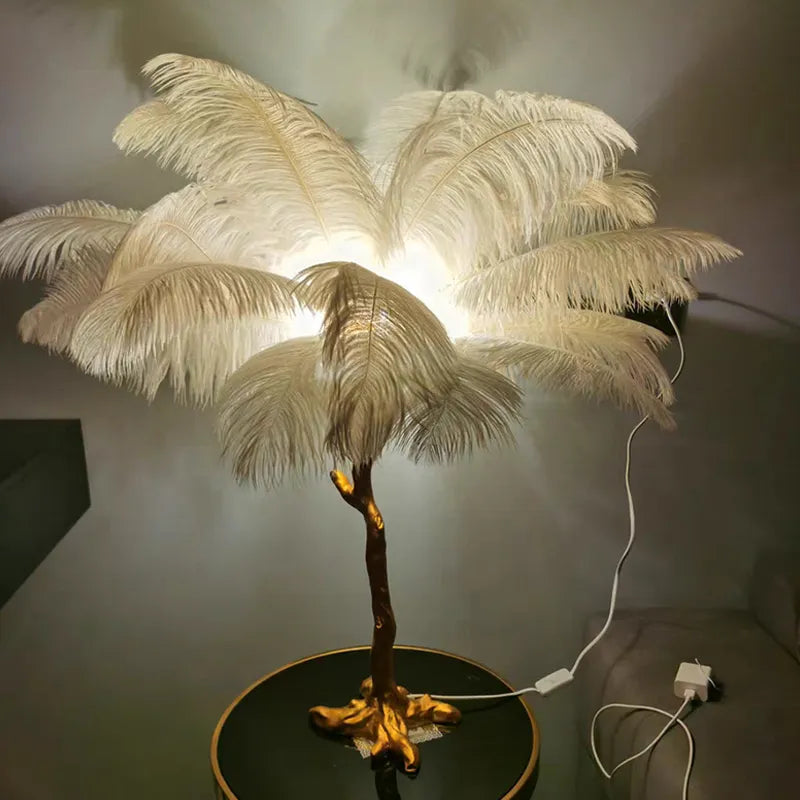 Aurelle Ostrich Feather Floor Lamp in Brass Copper Finish OpalDwell