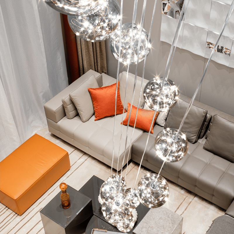 LuminaOrb Glass Orb Staircase Chandelier With Soft Ambient Glow - OpalDwell