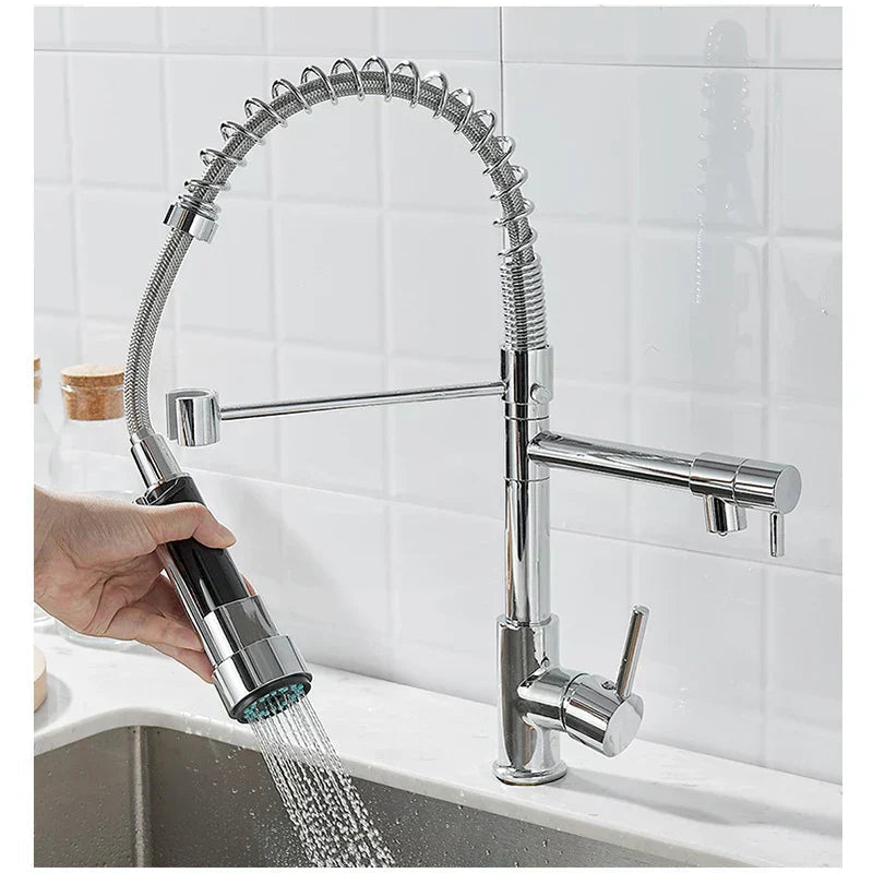 LumaFlow Dual Spout Kitchen Faucet In Black And Gold OpalDwell