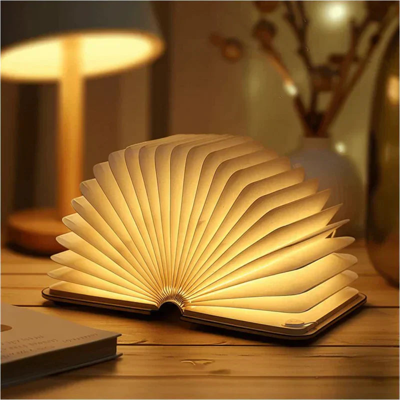 LumaLeaf Foldable Book Light for Bedside Reading Cordless LED Lamp in Wood Finish - OpalDwell