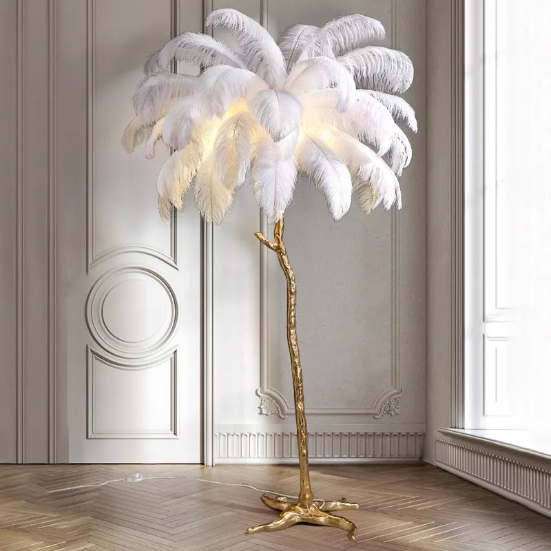 Aurelle Ostrich Feather Floor Lamp in Brass Copper Finish OpalDwell