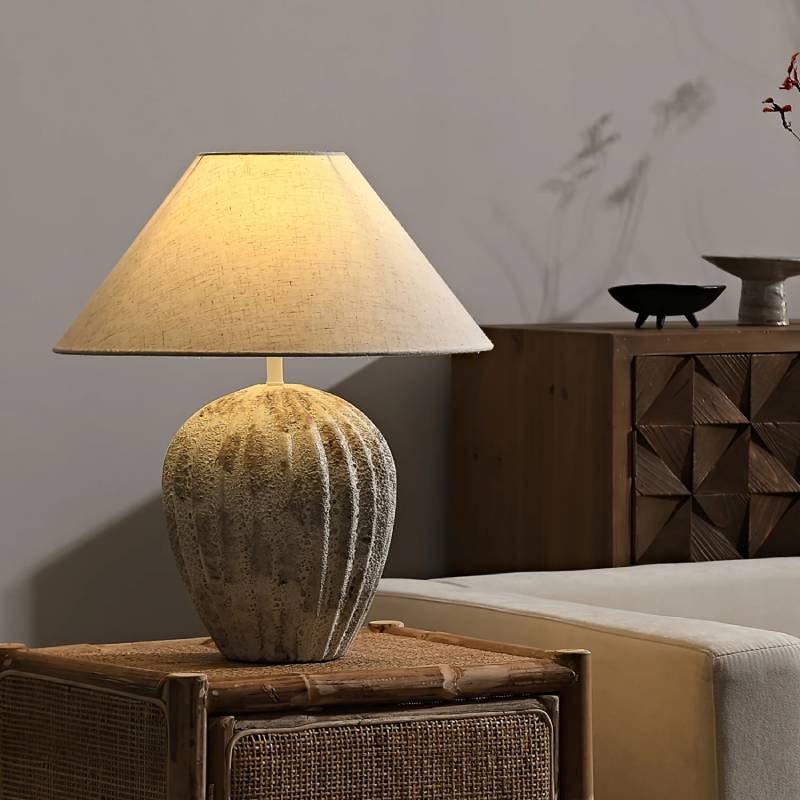 Earthy Ceramic Table Lamp With Linen Shade, Large Bedside Lighting - OpalDwell