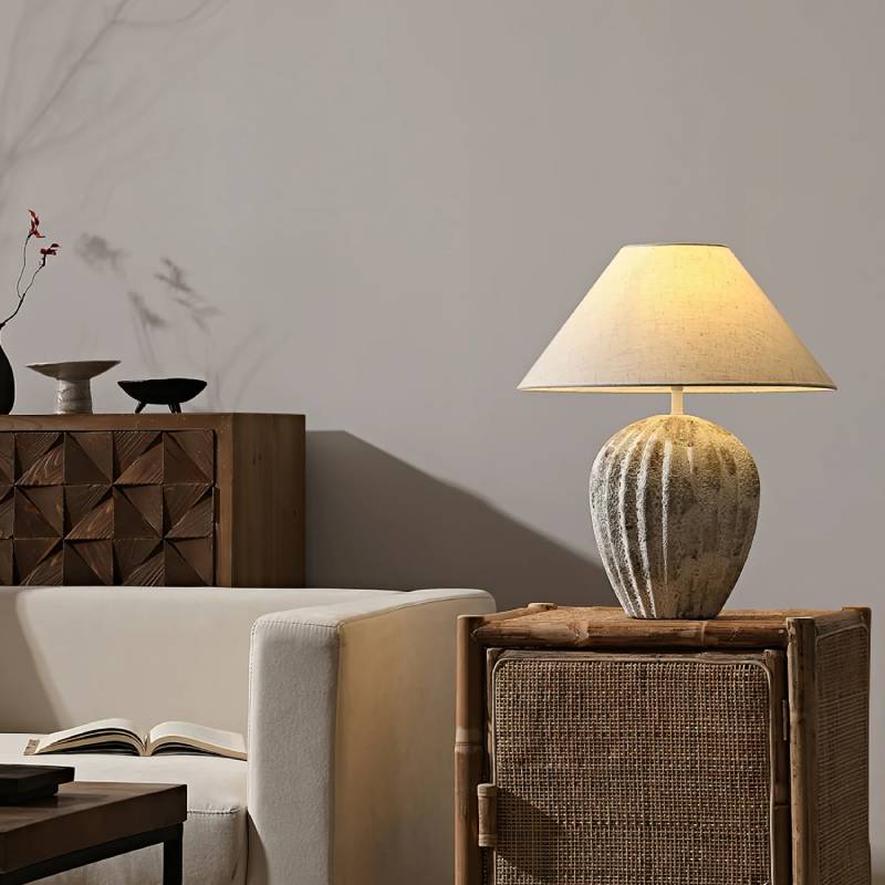 Earthy Ceramic Table Lamp With Linen Shade, Large Bedside Lighting - OpalDwell