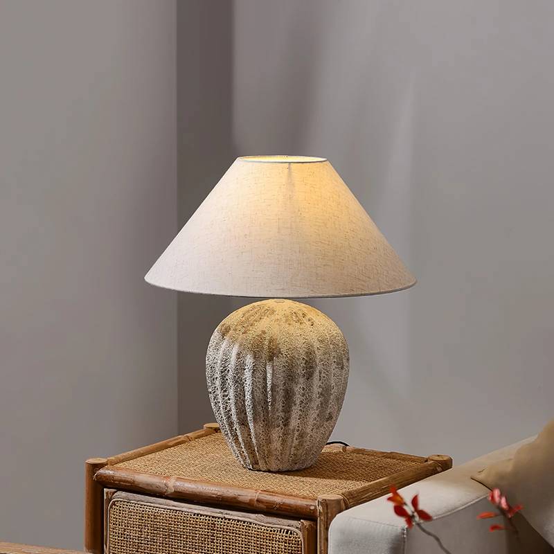 Earthy Ceramic Table Lamp With Linen Shade, Large Bedside Lighting - OpalDwell