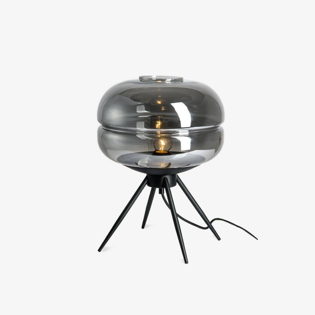 Lyra Smoked Glass Table Lamp With Modern Tripod Design - OpalDwell
