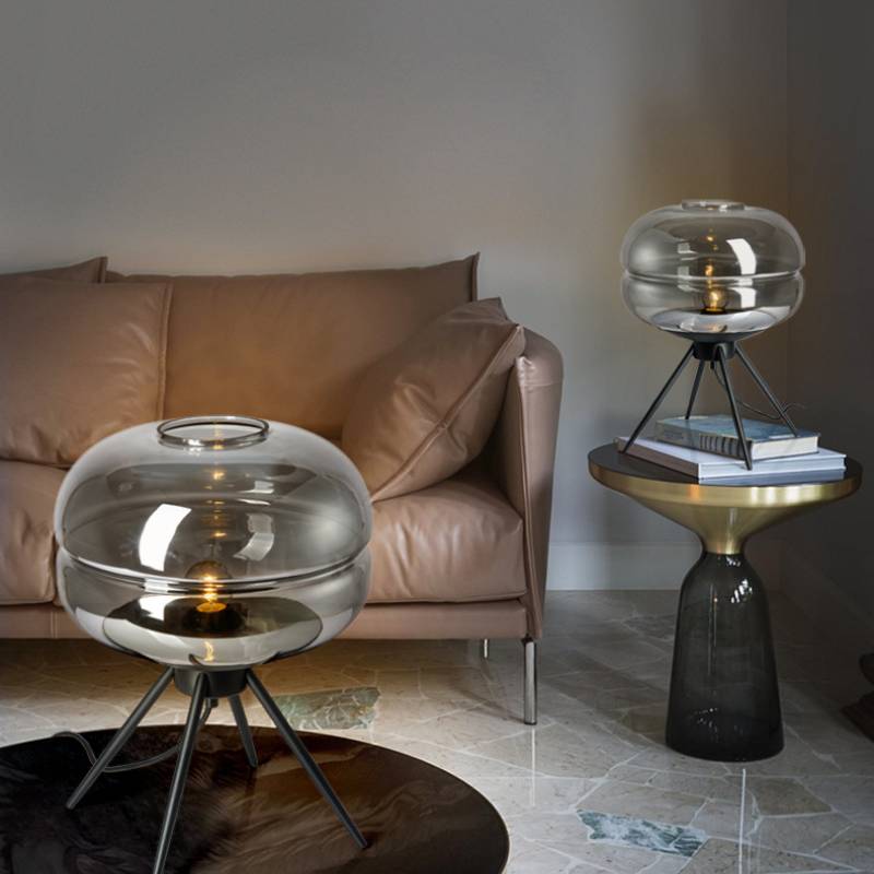 Lyra Smoked Glass Table Lamp With Modern Tripod Design - OpalDwell