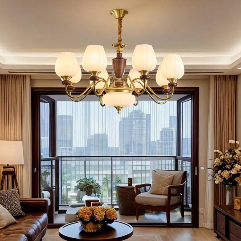 Classic Chandelier in Gold and Walnut for Living Room Ceiling Light OpalDwell