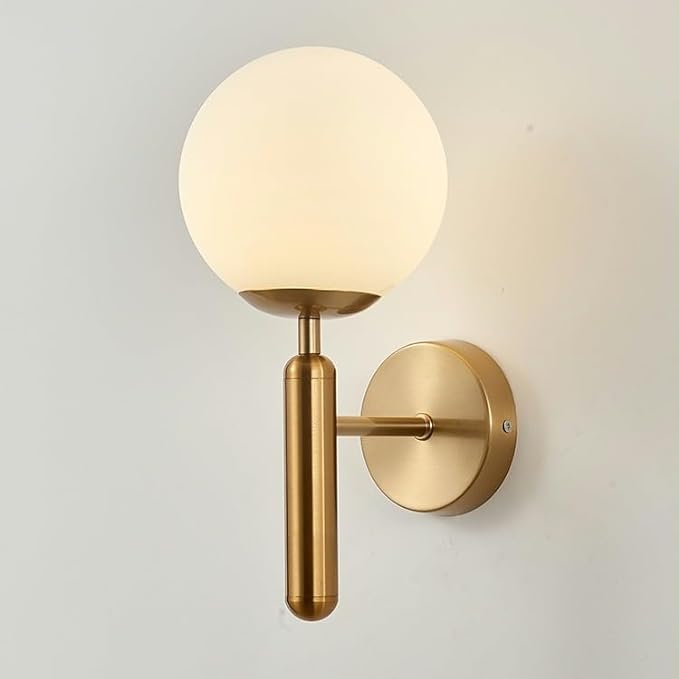 Kestrel Upright Milky Glass Ball LED Wall Sconce in Brushed Brass Finish, Mid-Century Modern Style - OpalDwell