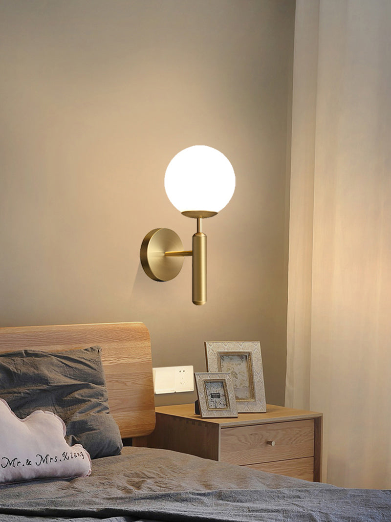 Kestrel Upright Milky Glass Ball LED Wall Sconce in Brushed Brass Finish, Mid-Century Modern Style - OpalDwell