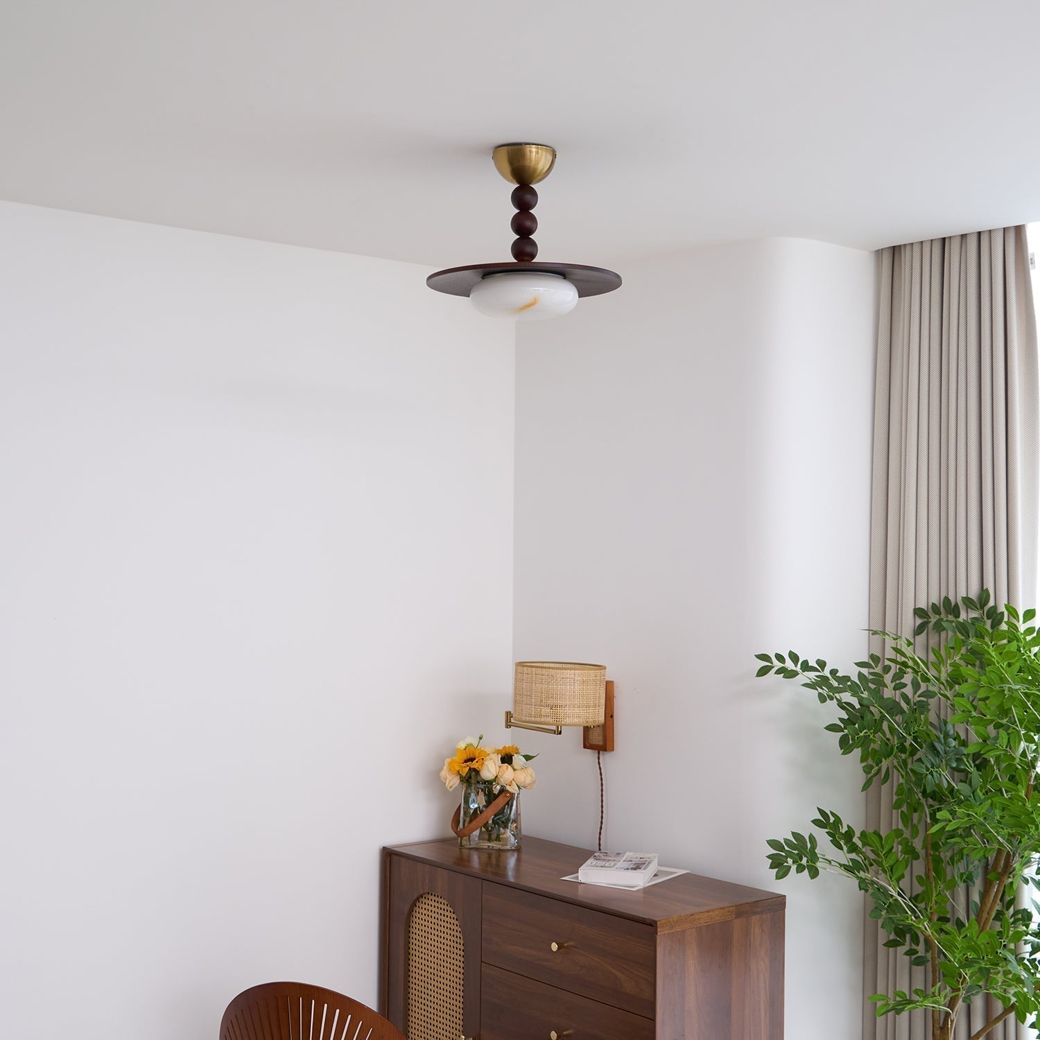 Liora Walnut White Alabaster Ceiling Light With Wood Shade - OpalDwell